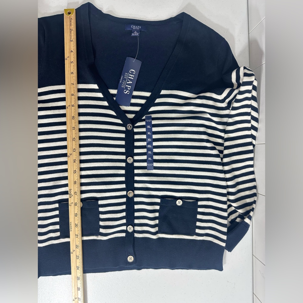 NWT Chaps Women’s Striped Navy Cardigan Womens Sz XL Long Sleeves V Neck Sweater - Picture 10 of 10